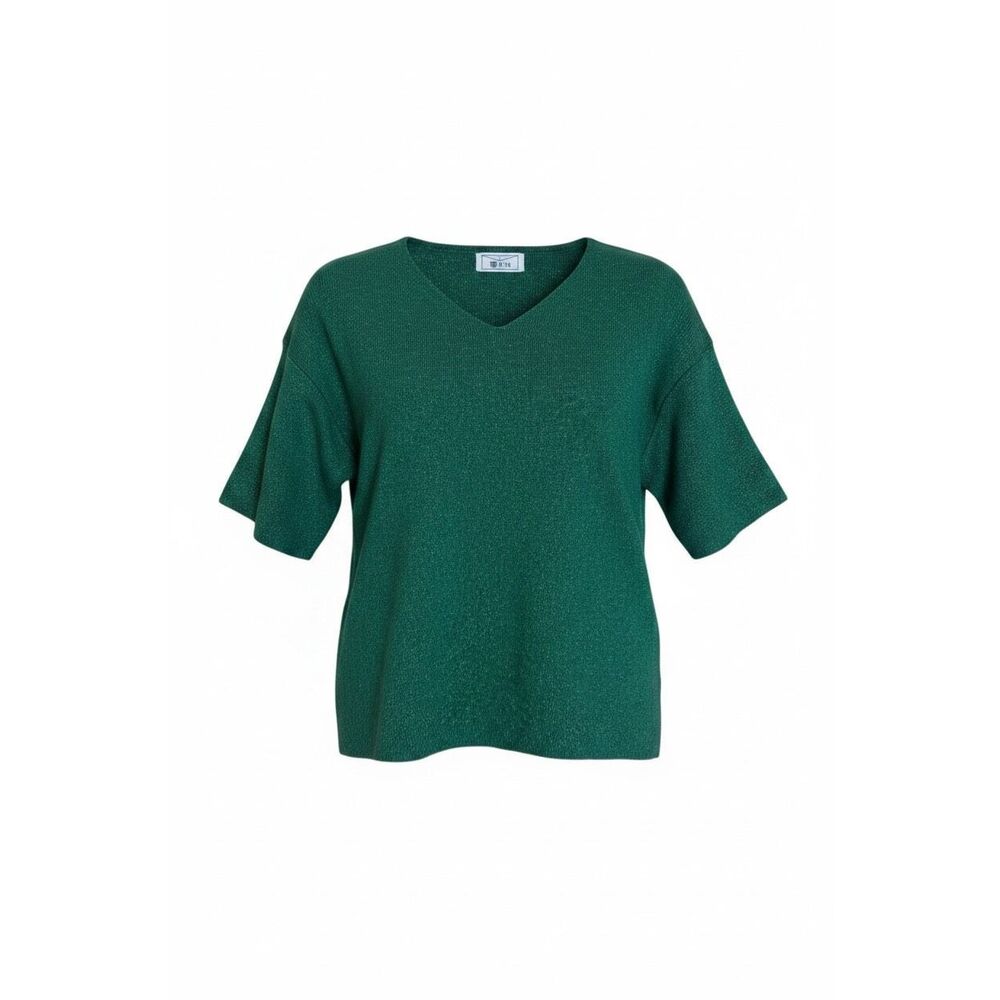 Metallic Glitter V-Neck Short Sleeve Pullover Knit Top Green Size‎ XS